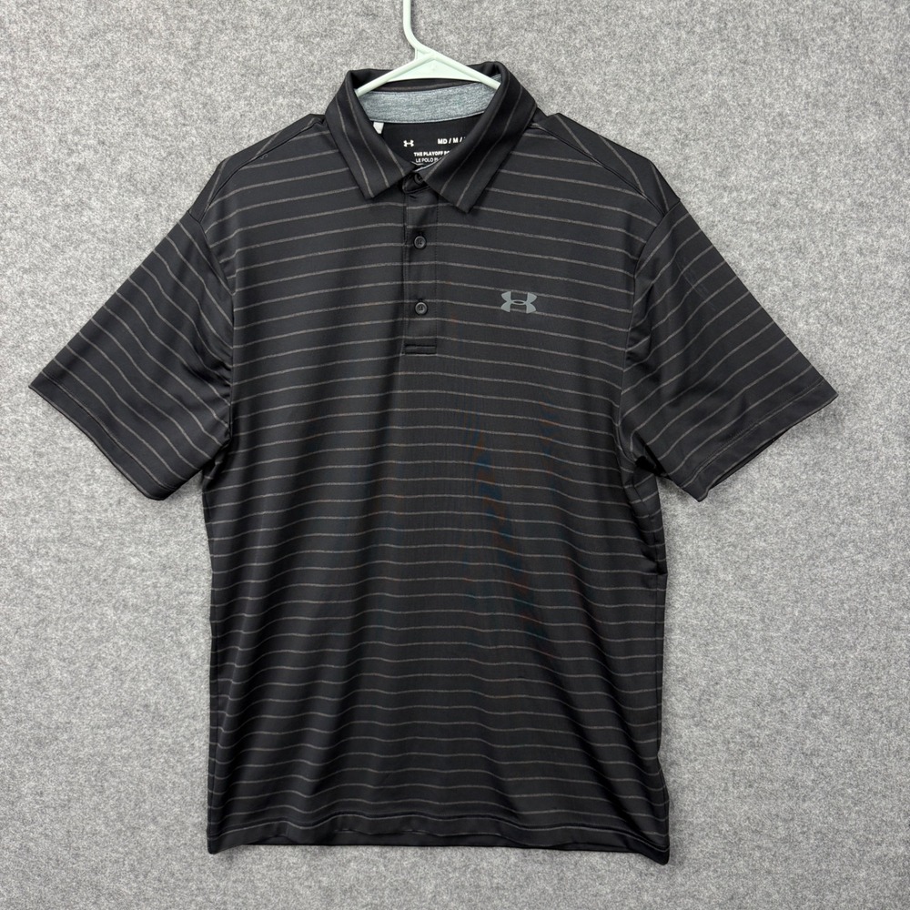 Under Armour Mens Playoff Polo Shirt Black Grey Striped Loose Fit Size Medium